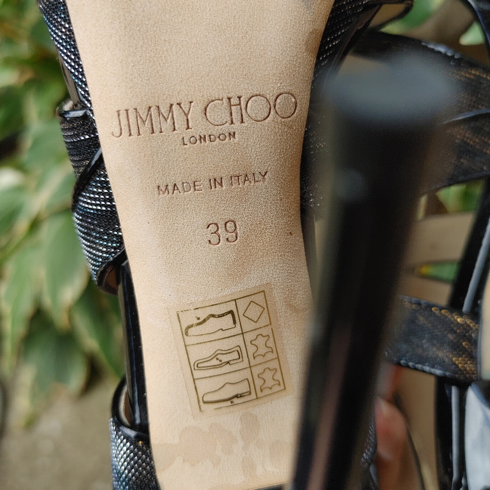 JIMMY CHOO 142 "COLLAR" ZEBRA LAME GLITTER SANDAL, BLACK/AMBER 39 - Picture 16 of 16